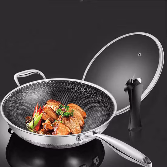 Stainless Steel Wok Pan with Handle and Glass Lid Non Stick