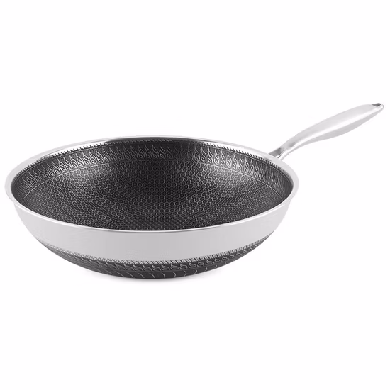 Stainless Steel Wok Pan with Handle and Glass Lid Non Stick